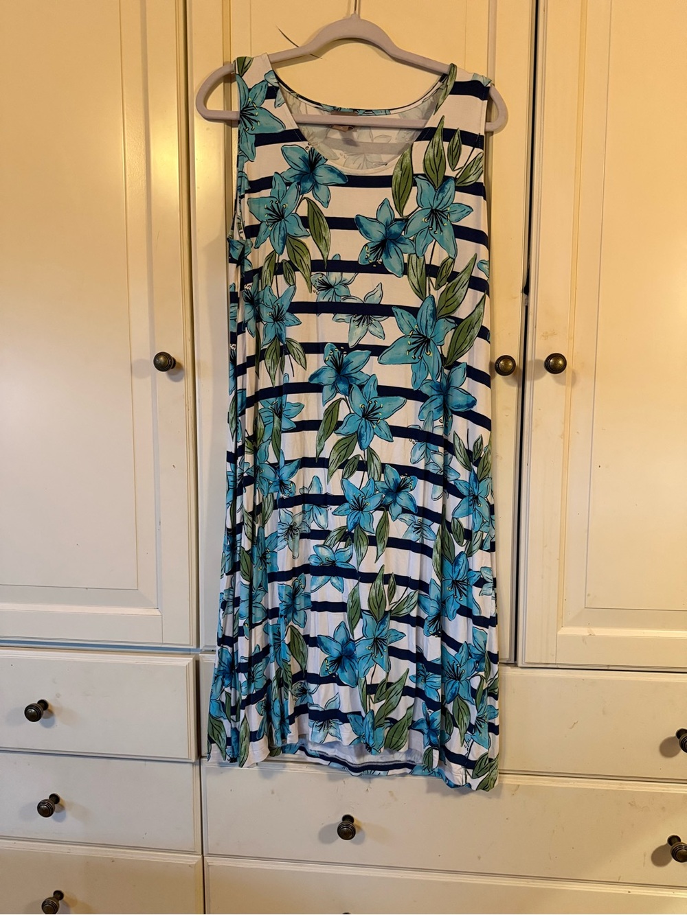 Chico's White Navy Striped Midi Dress with Blue Floral Print